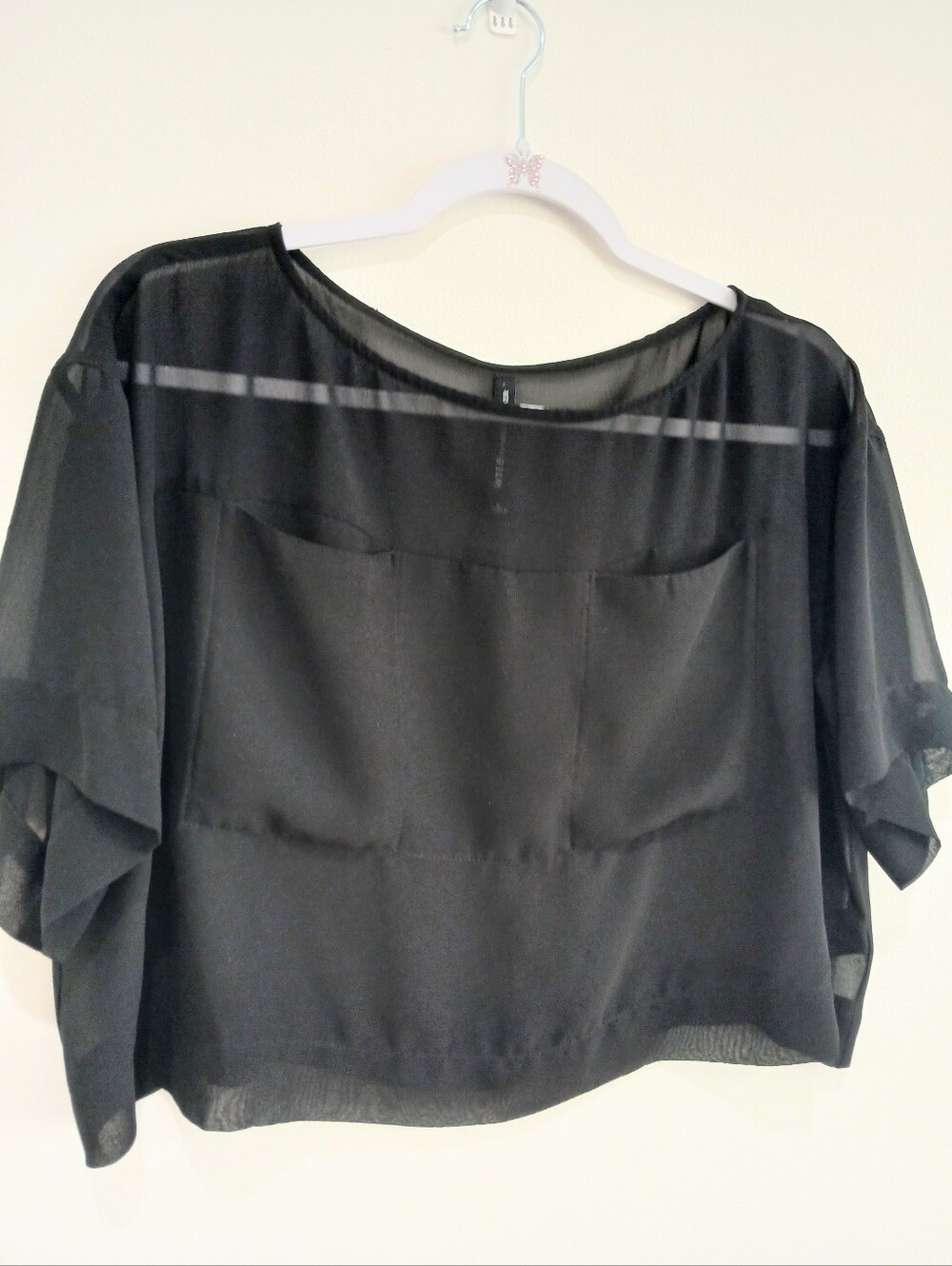 W118 Walter Baker SHEER BLK Crop Top Blouse With Solid Pocket Panel Sz S - Picture 2 of 14